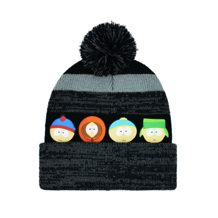 Front view of the South Park cuffed beanie featuring knitted designs of Stan, Kyle, Cartman, and Kenny.