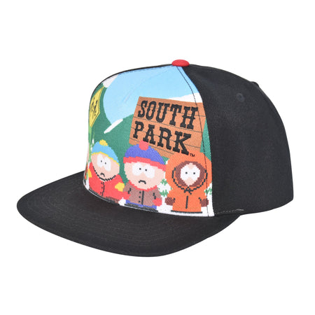 Close-up of South Park characters Stan, Kyle, Cartman, and Kenny on the front of an all over print snapback hat.