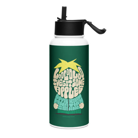 South Park stainless steel water bottle featuring Butters and quote graphic against a metallic background