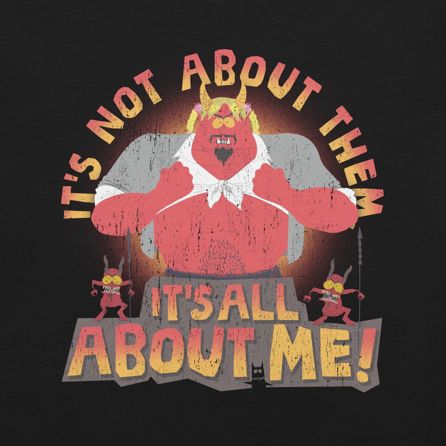 Close-up of the Satan It's All About Me! graphic print on the front chest of the South Park t-shirt