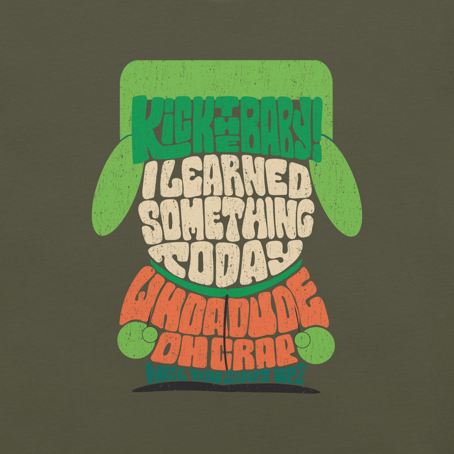 Close up of South Park Kyle character print and quote on t-shirt