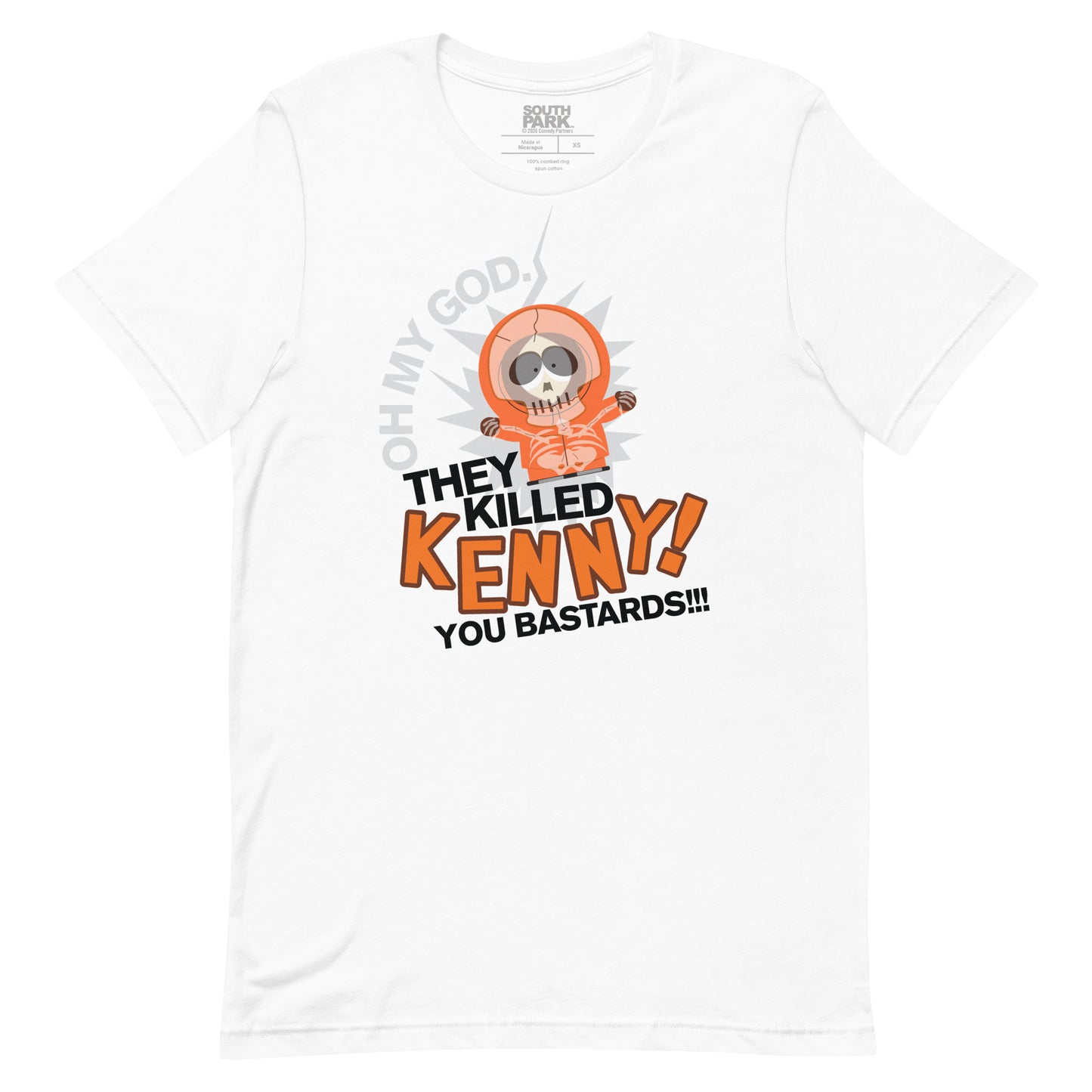 A person wearing the white South Park They Killed Kenny graphic shirt, highlighting the comfortable fit.