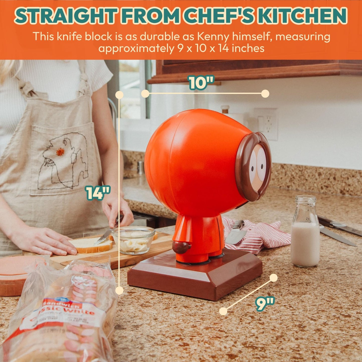 Close-up of the Kenny knife block detailing the colourful character design and textured finish