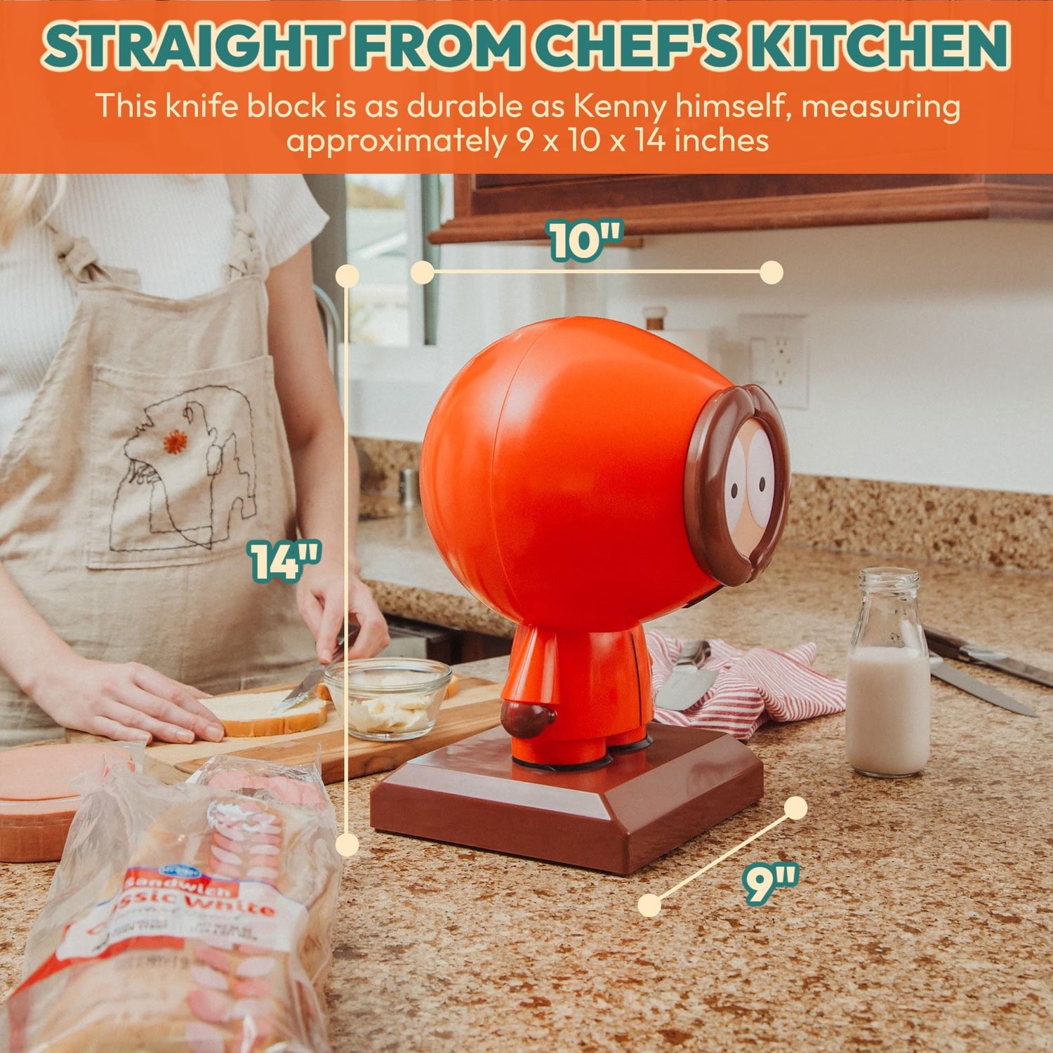 Close-up of the Kenny knife block detailing the colourful character design and textured finish