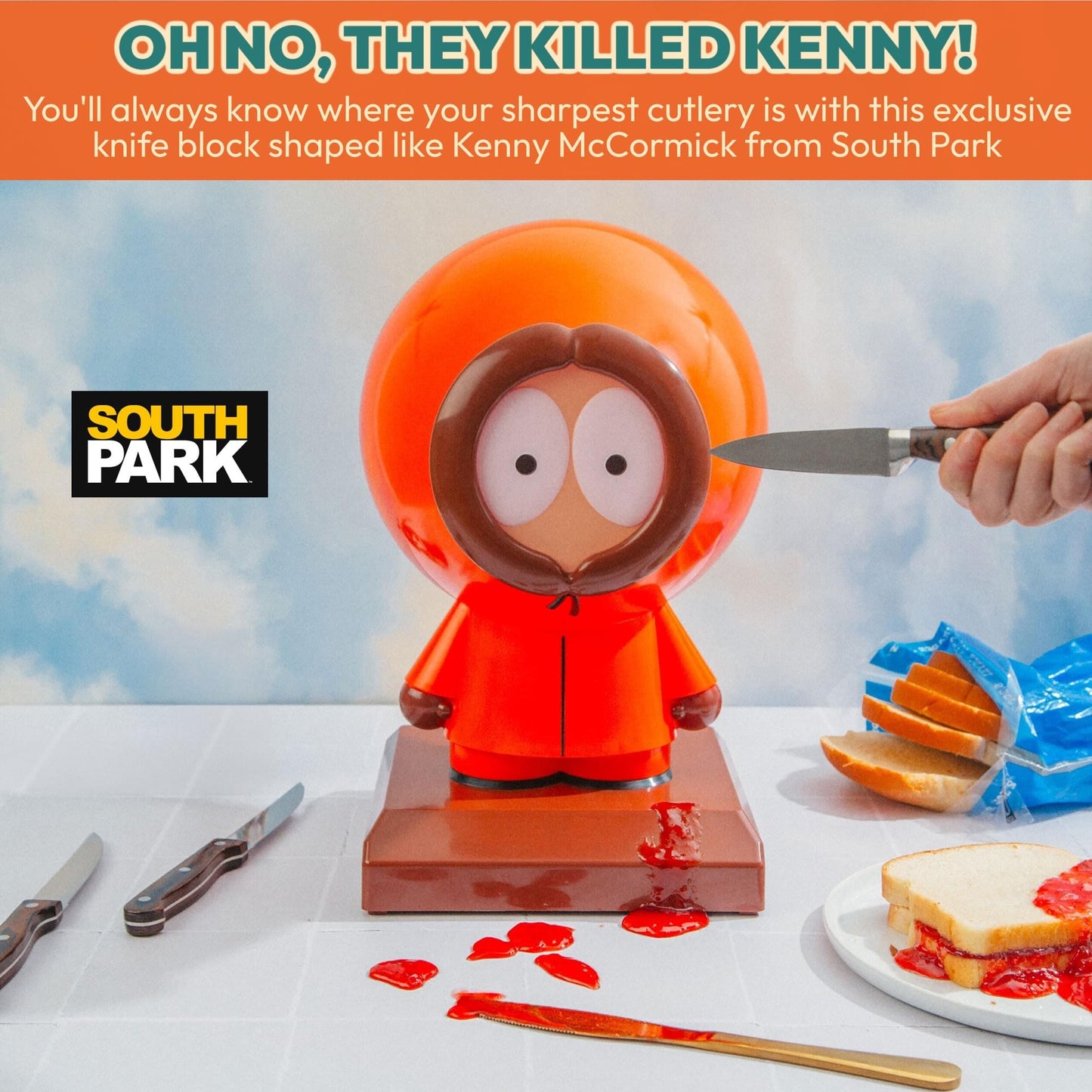 Front view of the South Park Kenny knife block showing multiple storage slots for kitchen cutlery