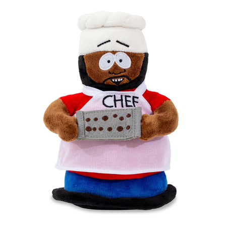 South Park 8-inch Chef plush toy wearing a white apron and chef hat, holding a pan of treats