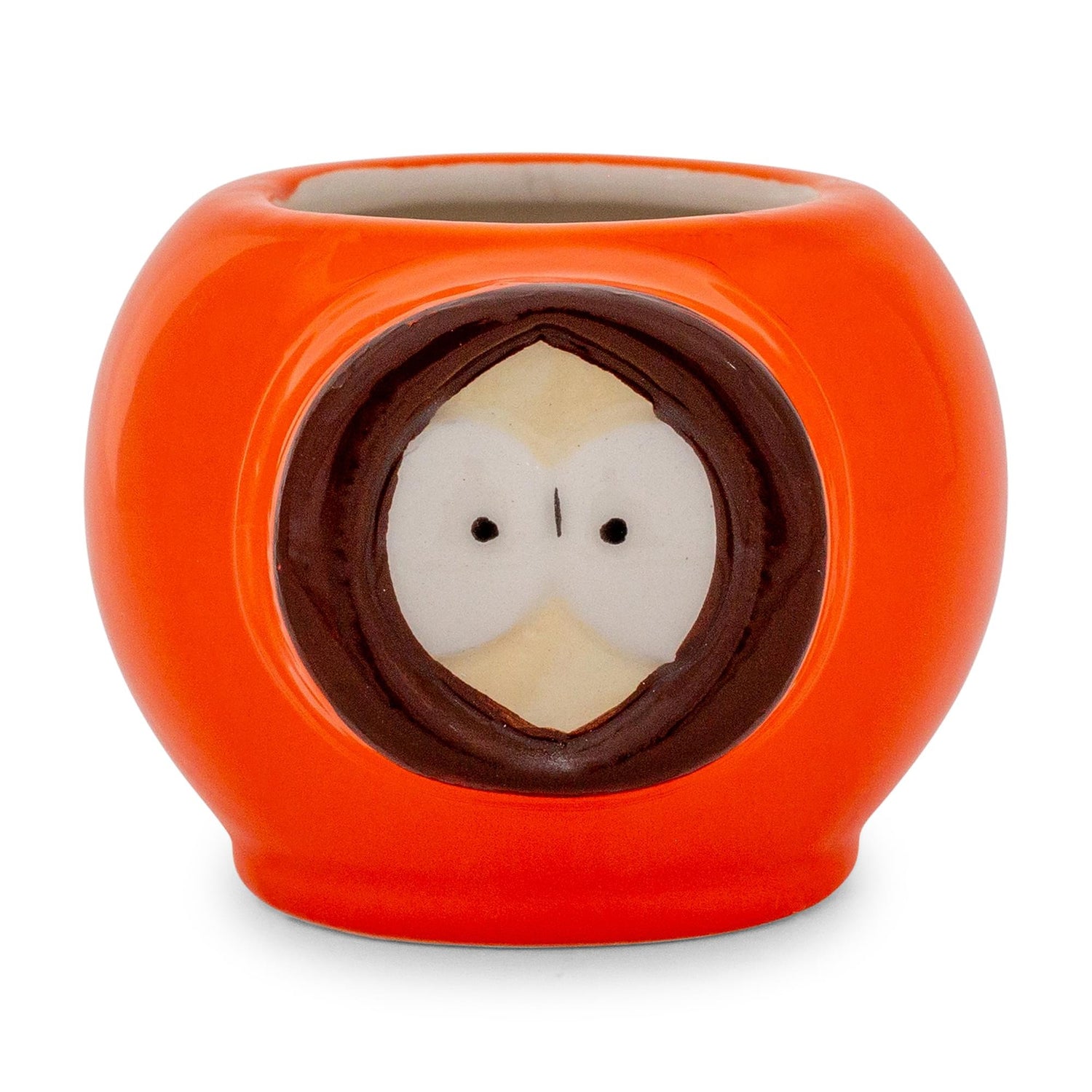 South Park Kenny face sculpted ceramic mini mug viewed from the front showing detailed facial features and orange parka hood