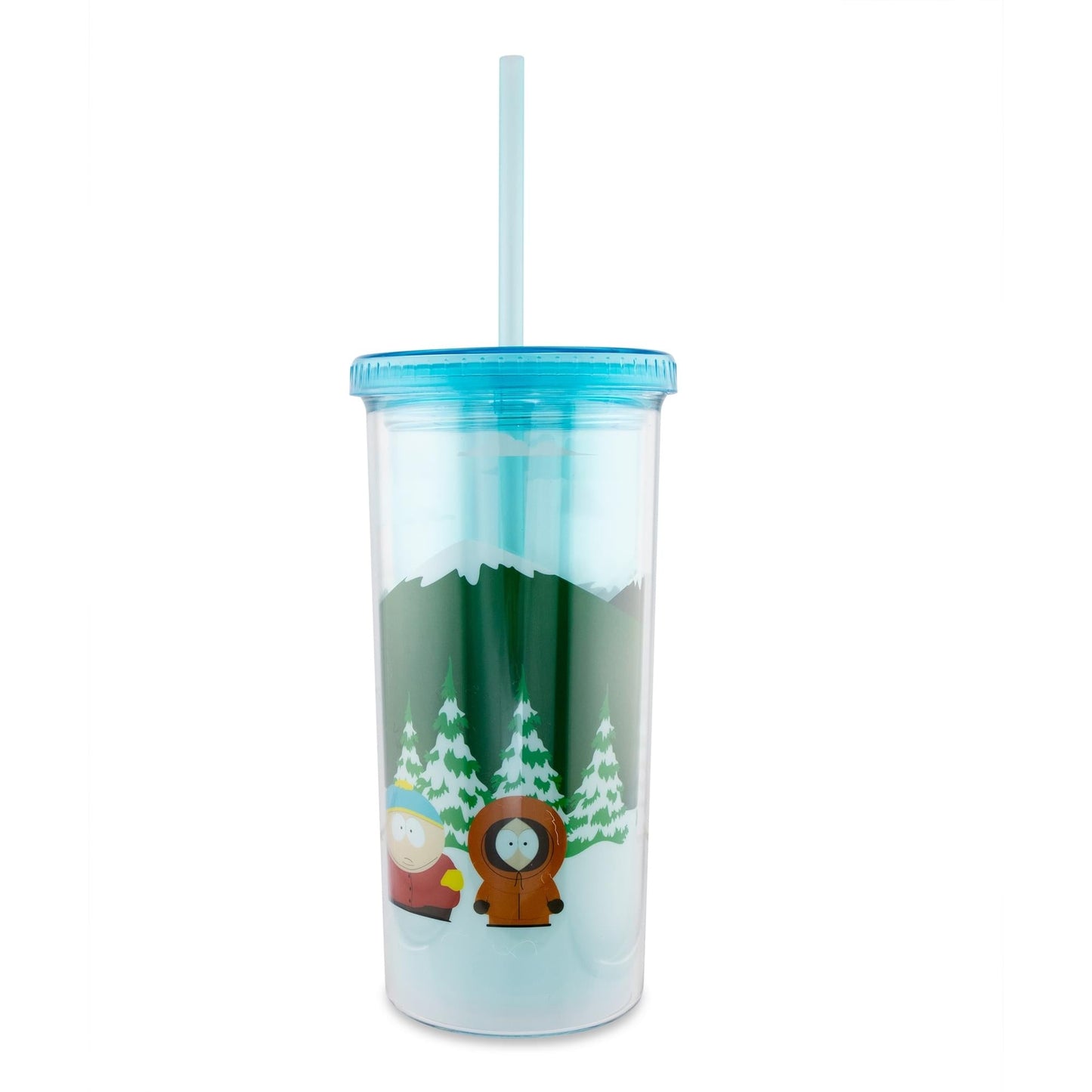Close-up of the South Park bus stop graphic on the 20-ounce tumbler