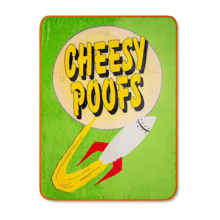 South Park Cheesy Poofs raschel throw blanket folded neatly showing the red and yellow snack packaging design