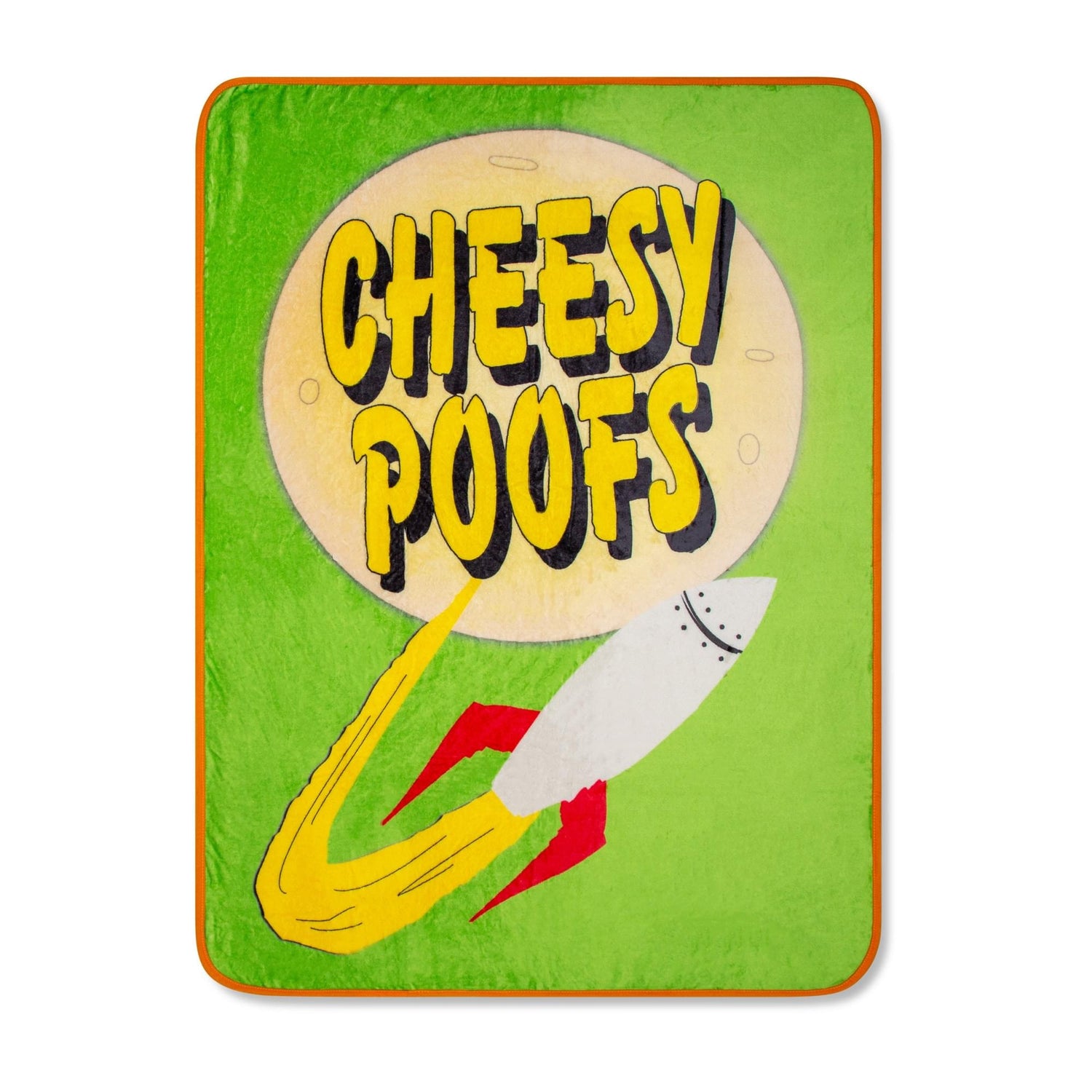 South Park Cheesy Poofs raschel throw blanket folded neatly showing the red and yellow snack packaging design