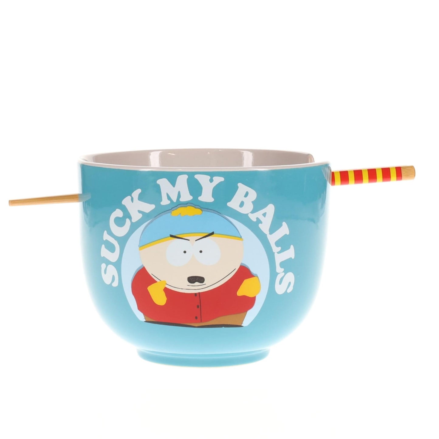 Blue South Park ramen bowl featuring an illustration of Eric Cartman and his quote next to matching wooden chopsticks resting in integrated notches.