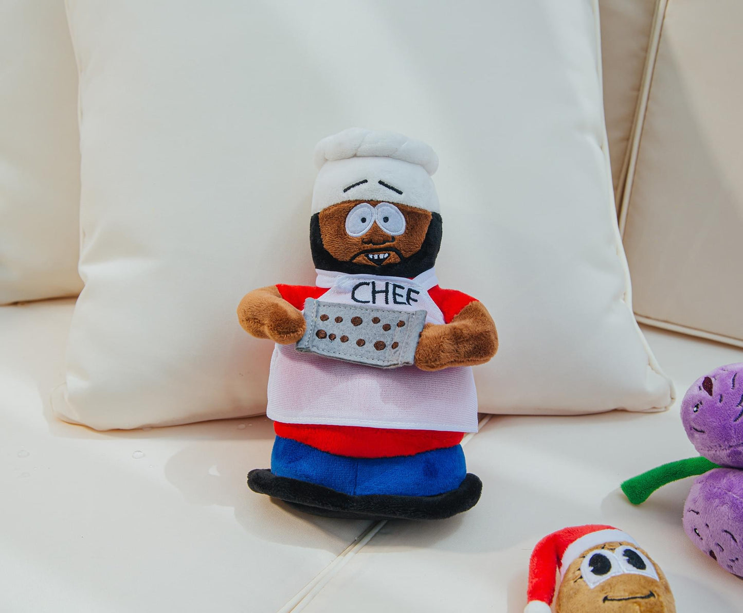 Promotional angle of the South Park Chef talking plush toy