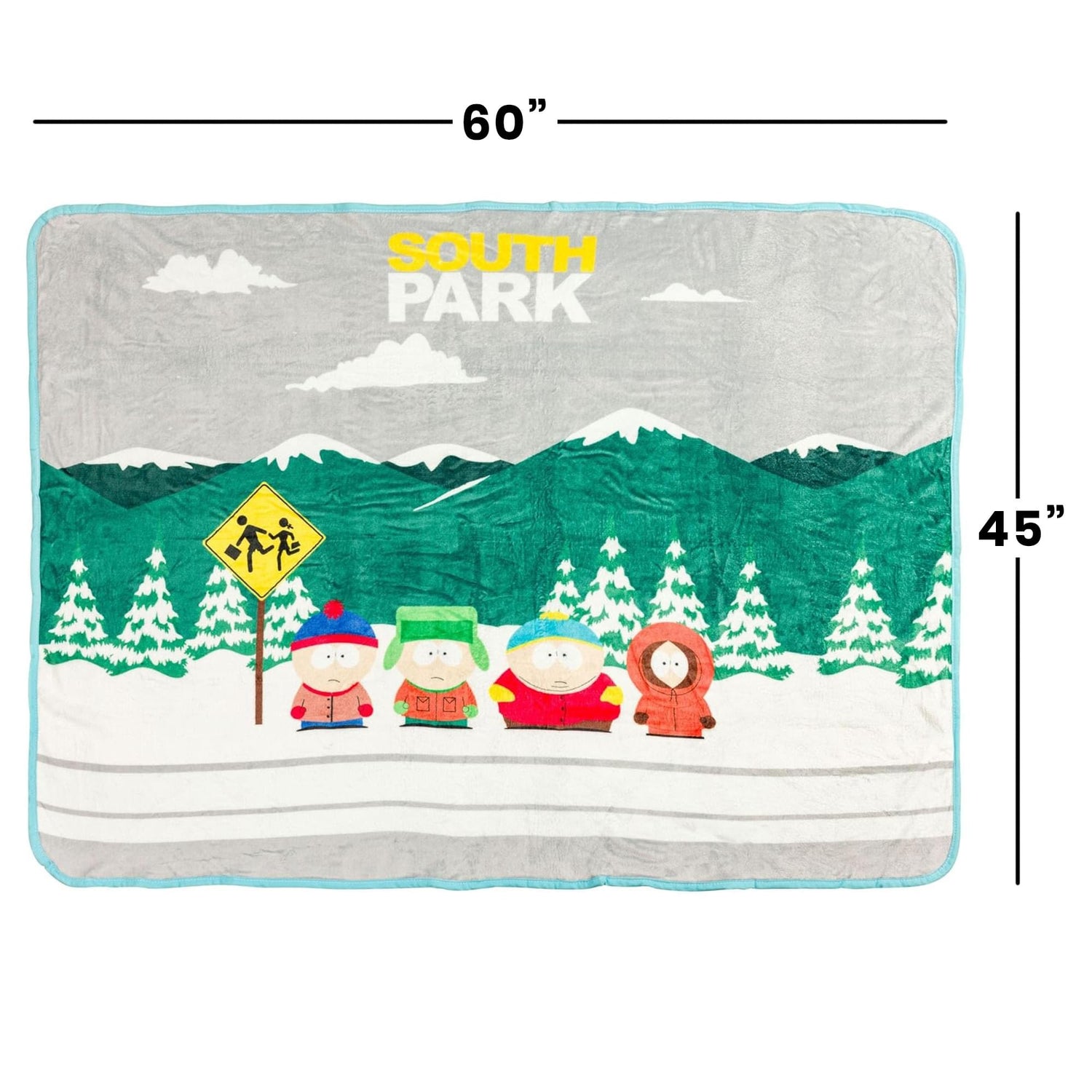 South Park Bus Stop blanket draped over furniture in a living room setting