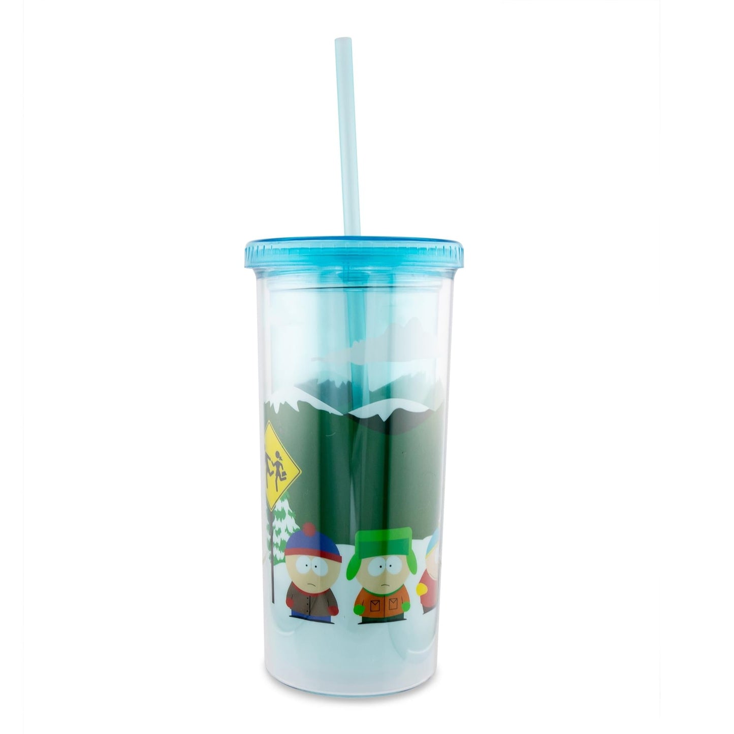 Top view of the South Park carnival cup screw-top lid and reusable straw
