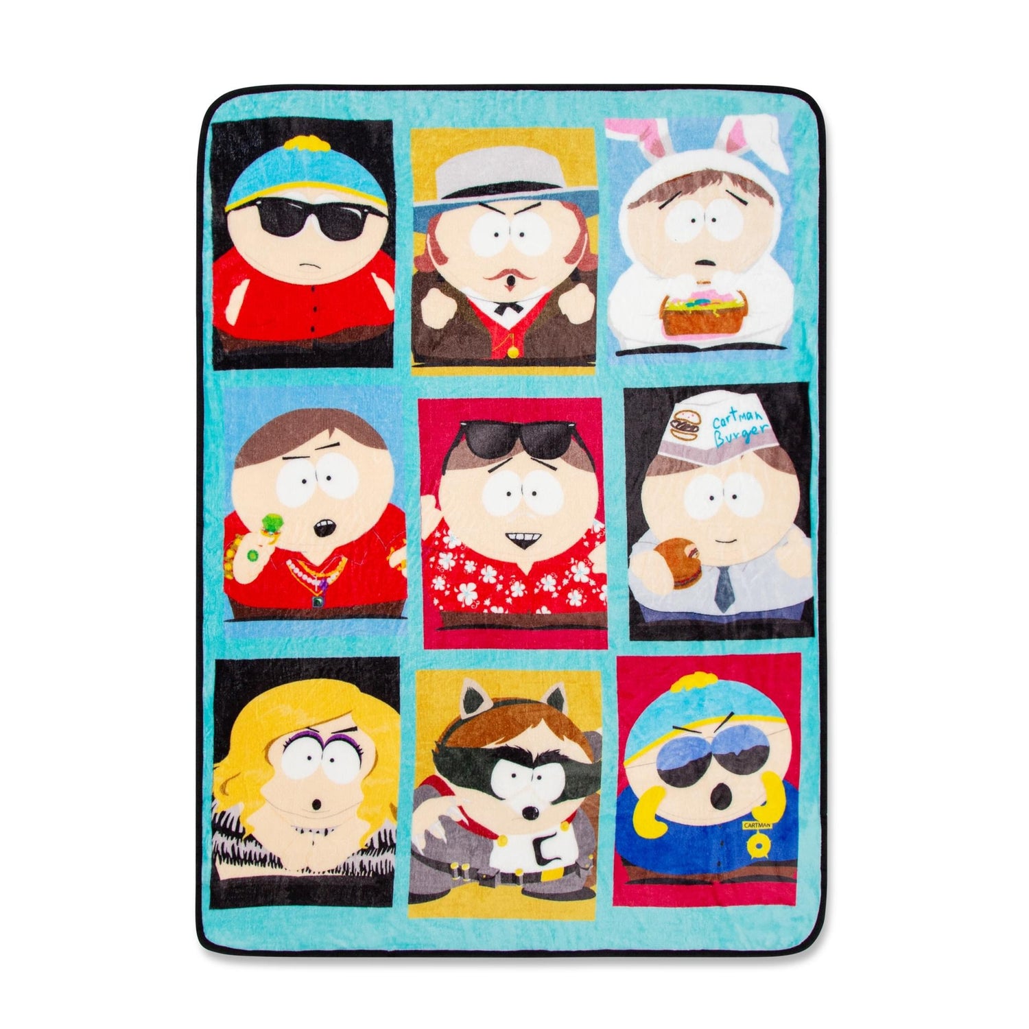 South Park Eric Cartman raschel throw blanket laid flat, featuring a colorful grid of Cartman alter egos against a dark background.