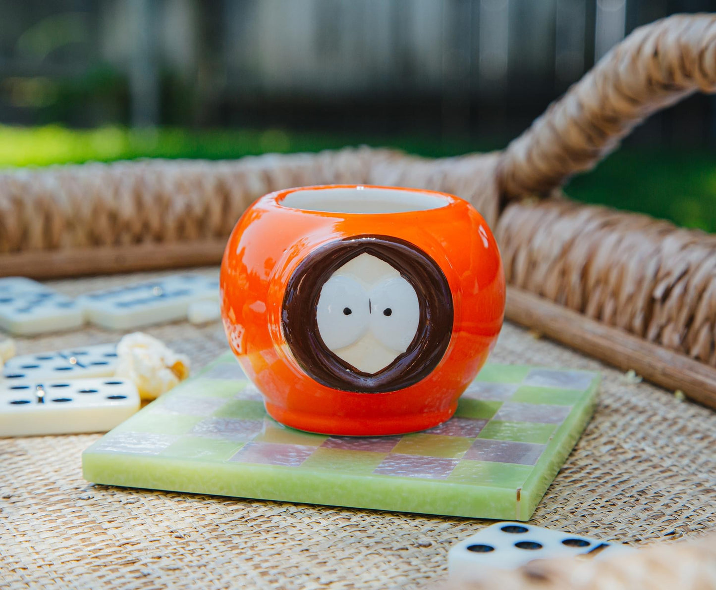 Detailed studio shot of the South Park Kenny 3-ounce sculpted mug