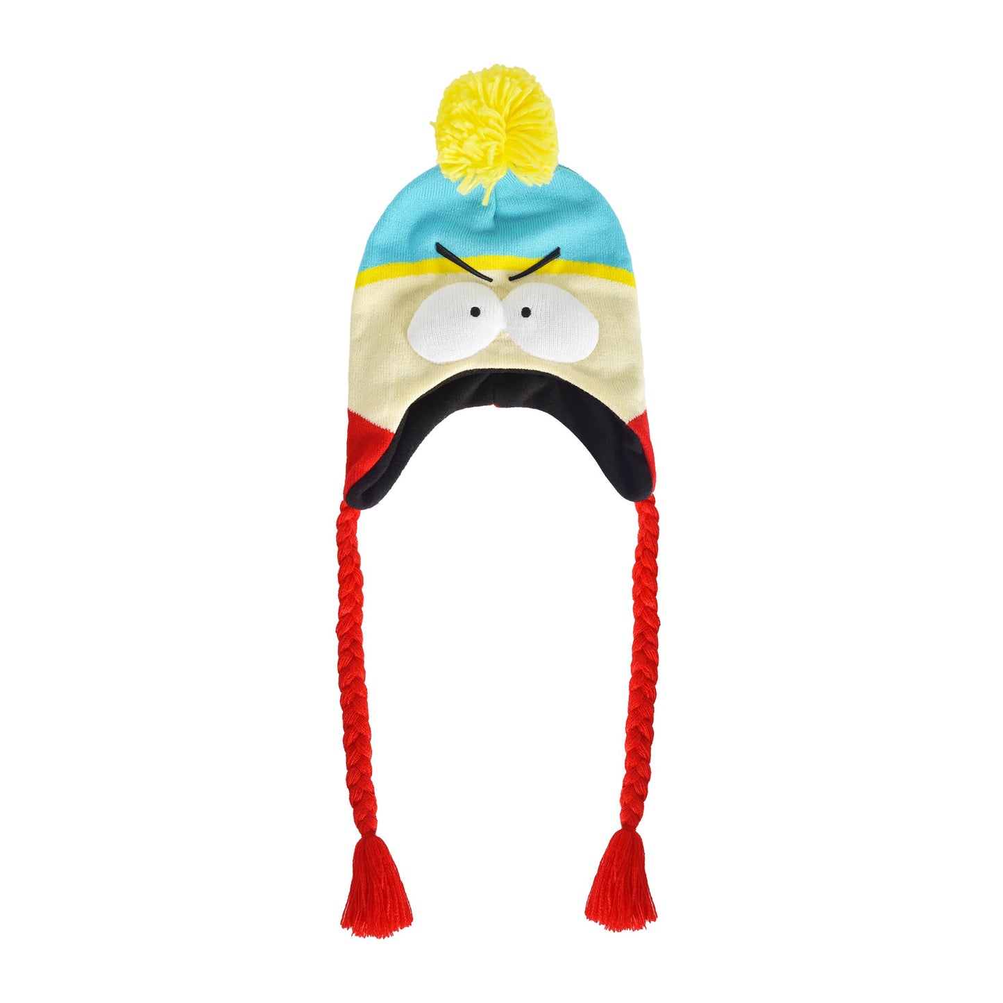 Detail shot of the knit texture and pom on the Eric Cartman winter hat