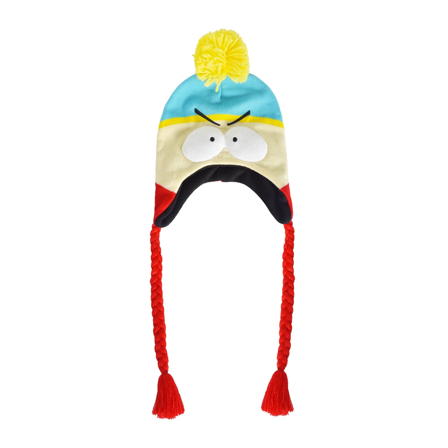 Detail shot of the knit texture and pom on the Eric Cartman winter hat