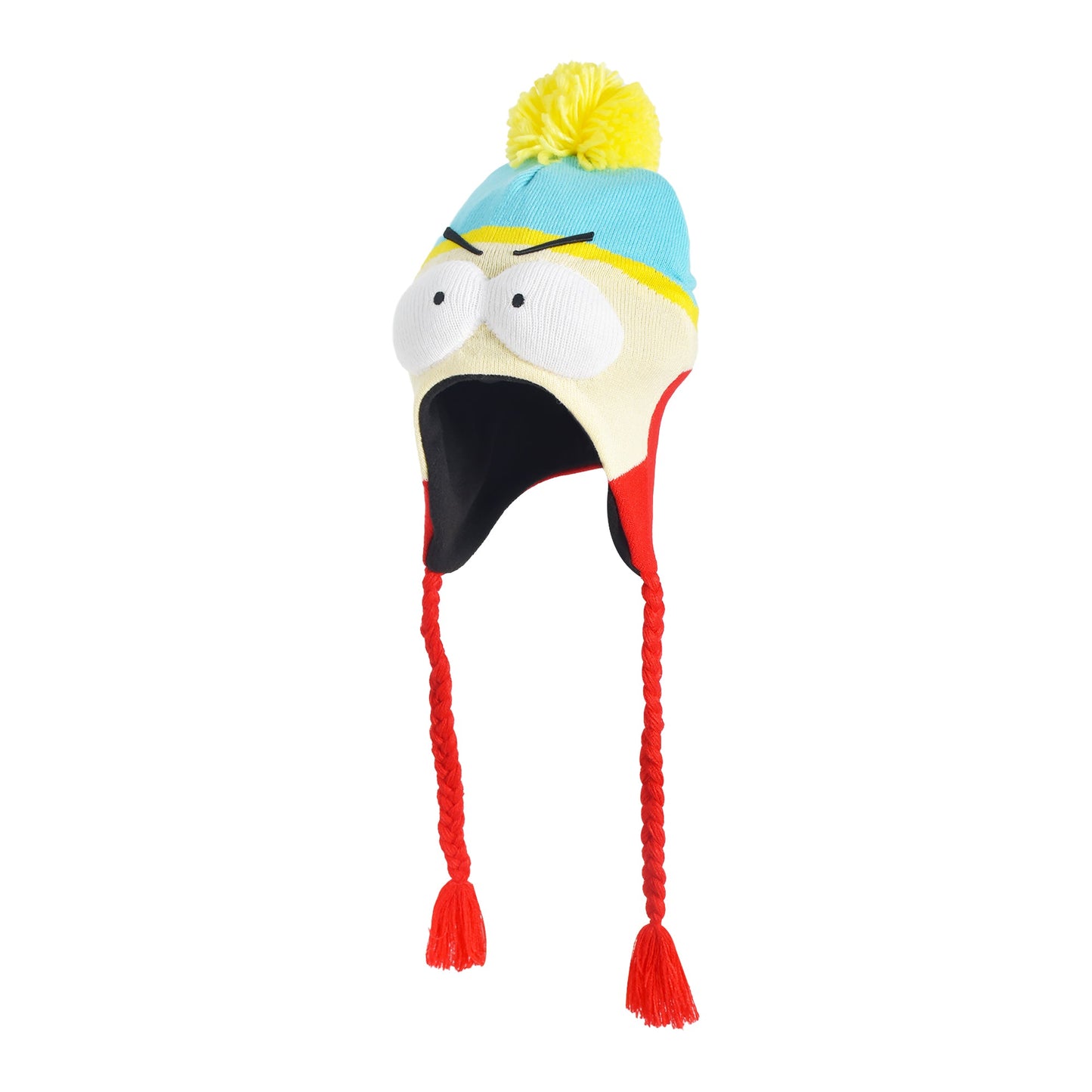 Side profile of the turquoise South Park beanie showing the braided tassels