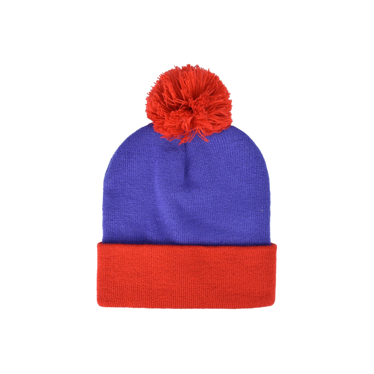 Close up of the red pom pom and acrylic knit texture on the Stan Marsh beanie