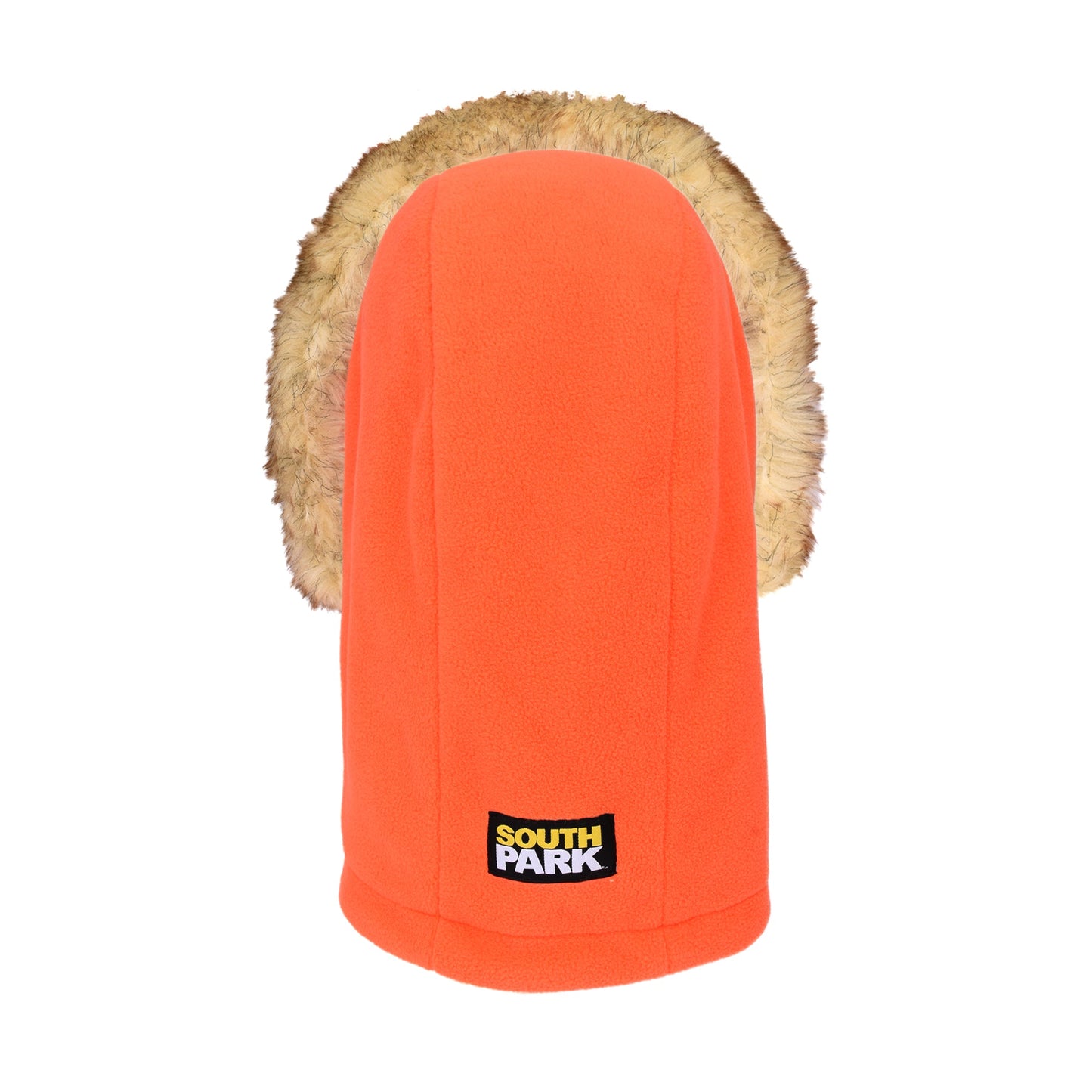 Front view of the South Park Kenny McCormick orange fleece cosplay hat with faux fur trim