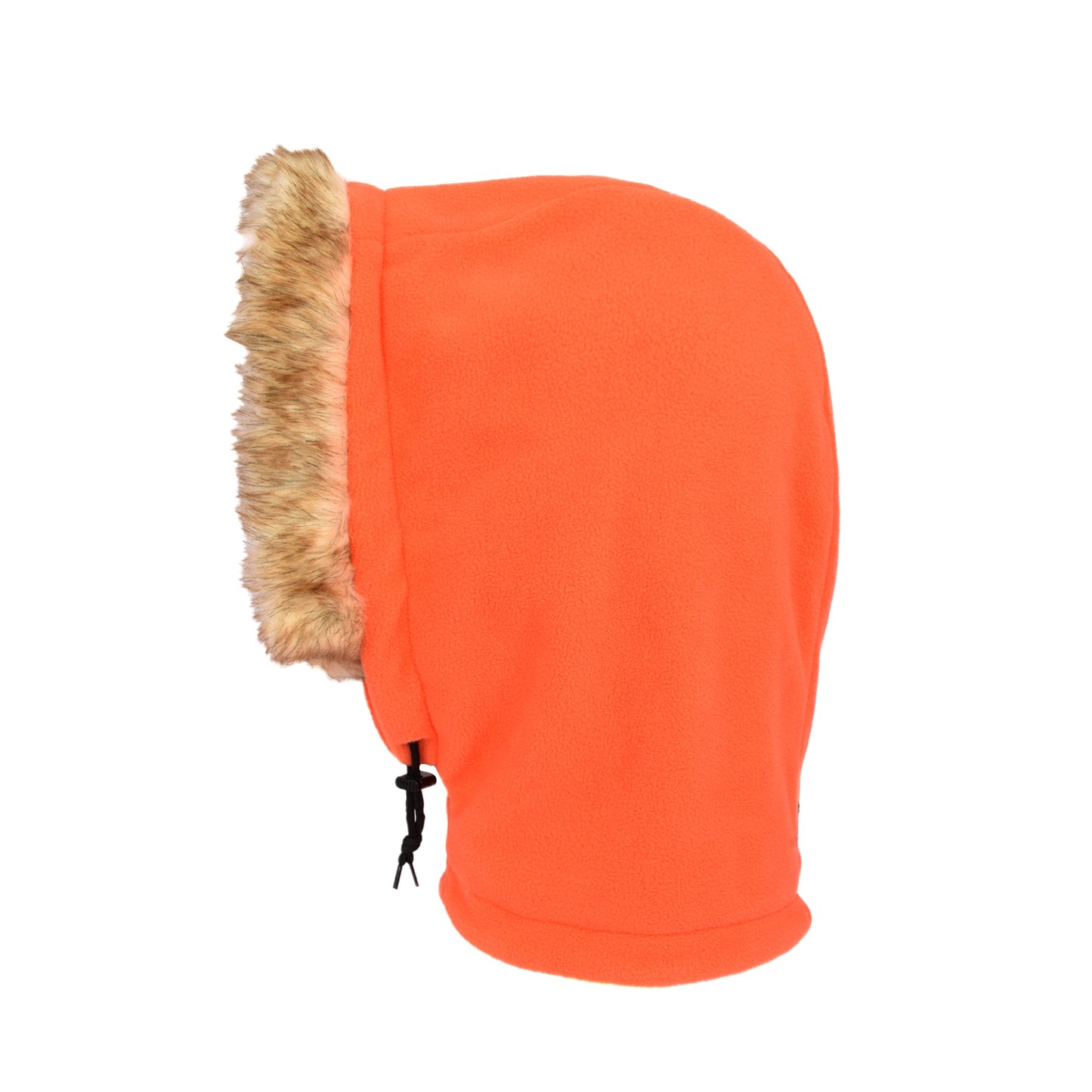 Close up of the faux fur trim and orange fleece material