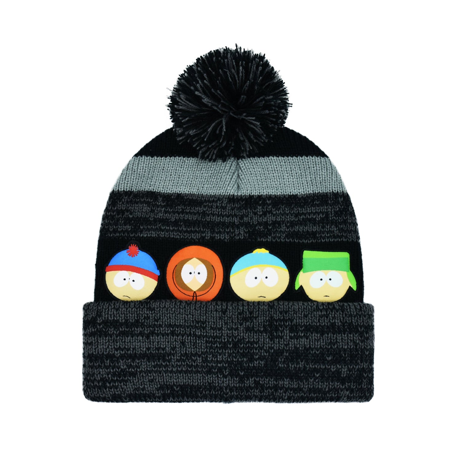 Front view of the South Park cuffed beanie featuring knitted designs of Stan, Kyle, Cartman, and Kenny.