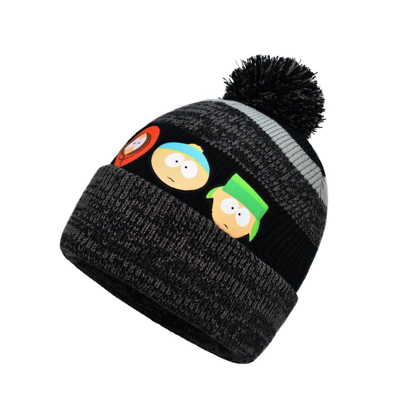 Side view of the South Park beanie showing the comfortable cuffed design and vibrant knit pattern.