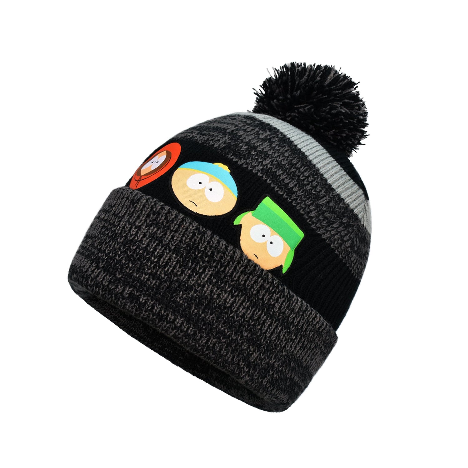 Side view of the South Park beanie showing the comfortable cuffed design and vibrant knit pattern.