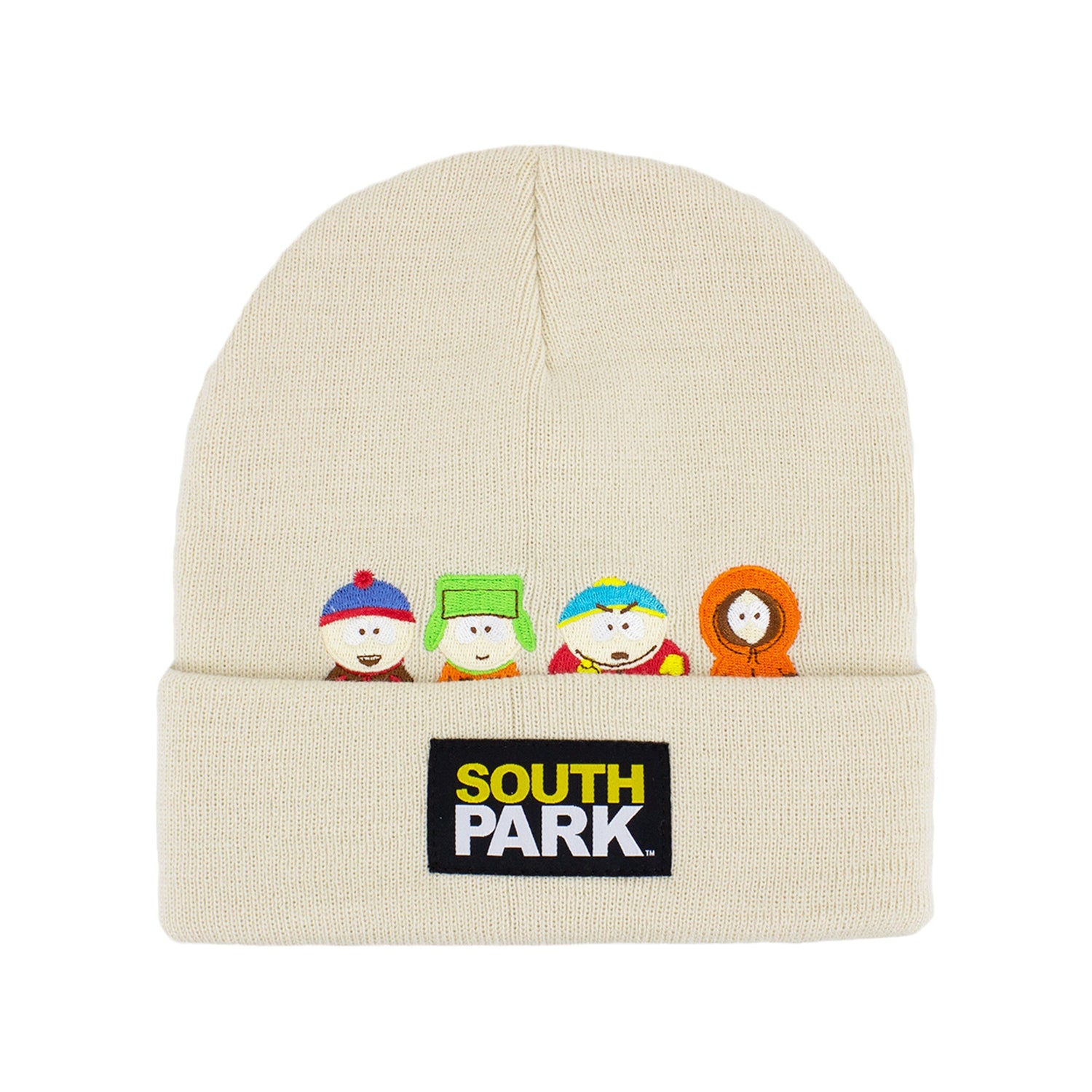 Close up of South Park logo patch on the cuff of a knit winter hat