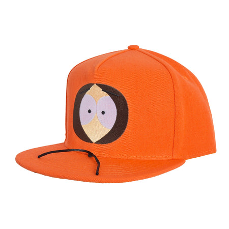 Front view of South Park Kenny McCormick orange snapback hat with flat brim.