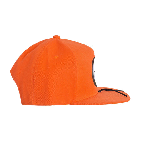 Close-up of Kenny McCormick face graphic on the front crown of the orange hat.