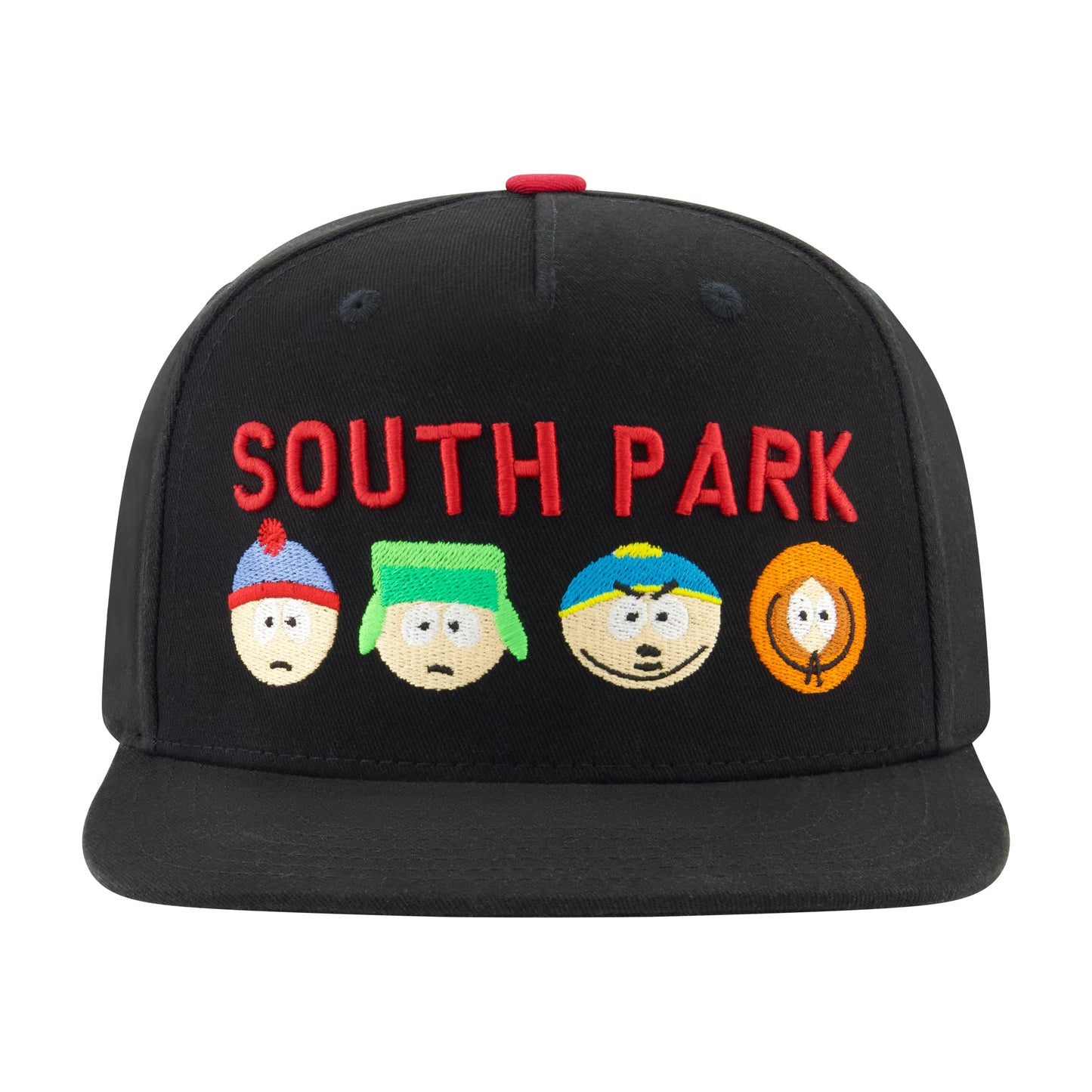 Close up of embroidered South Park logo on flat brim hat