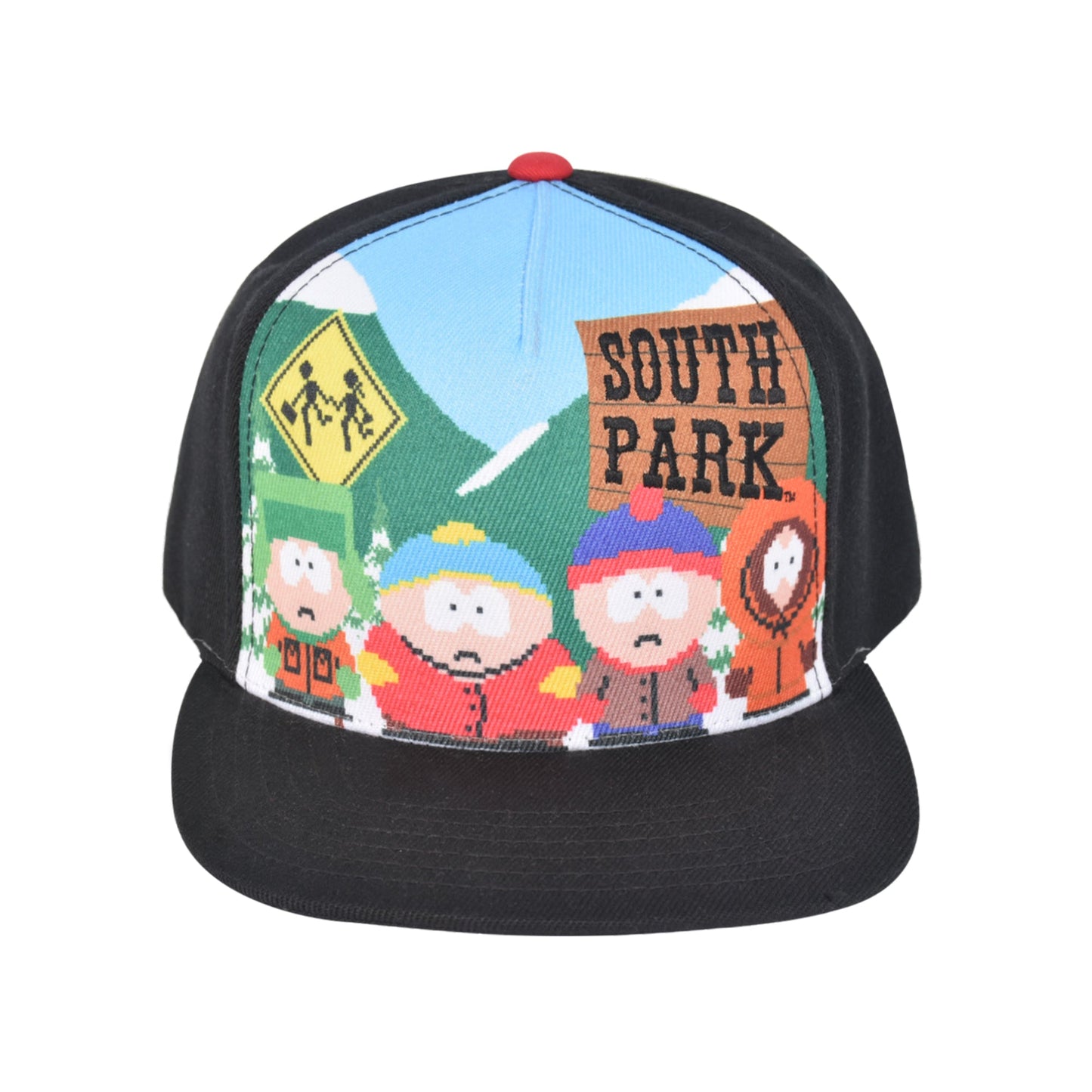 Full view of the South Park all over character scene hat showing the flat brim and structured crown.