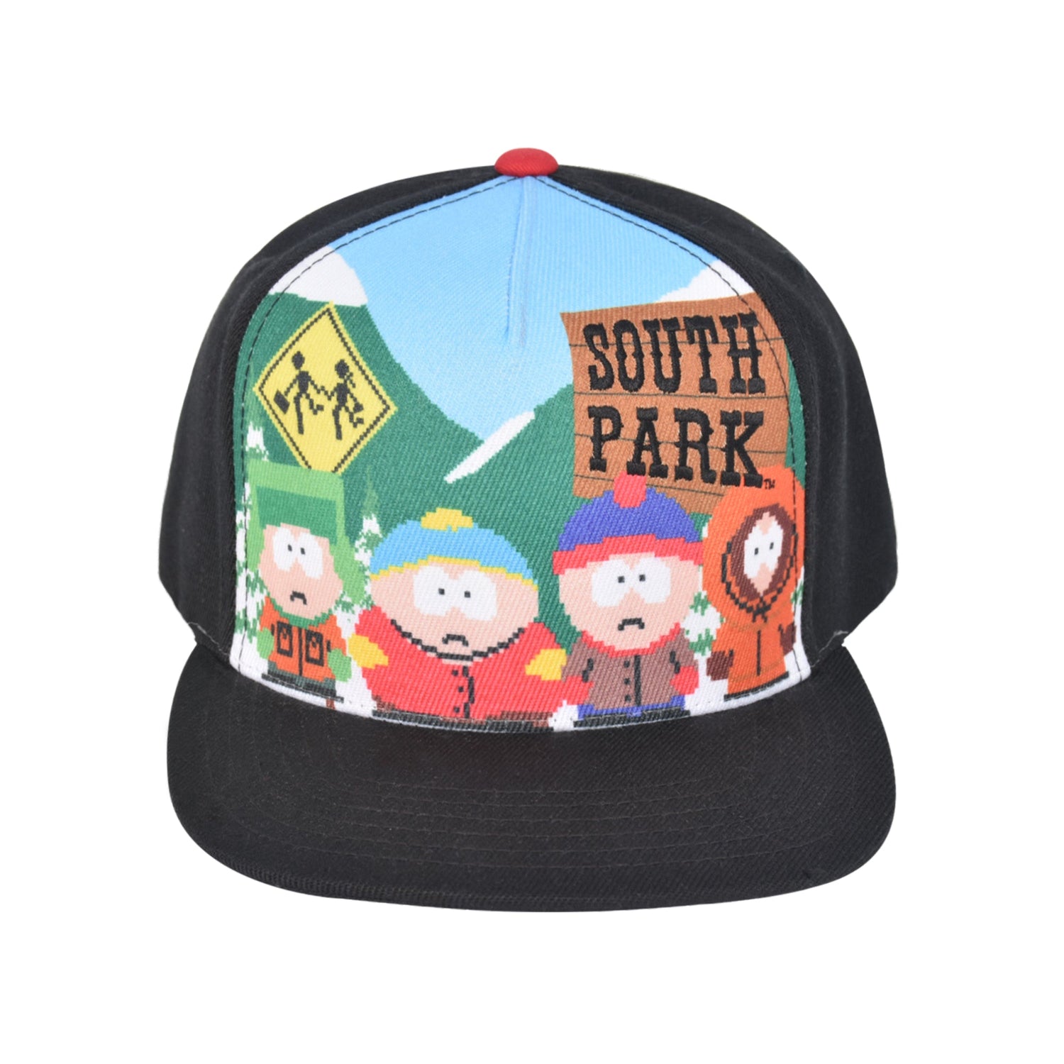 Full view of the South Park all over character scene hat showing the flat brim and structured crown.