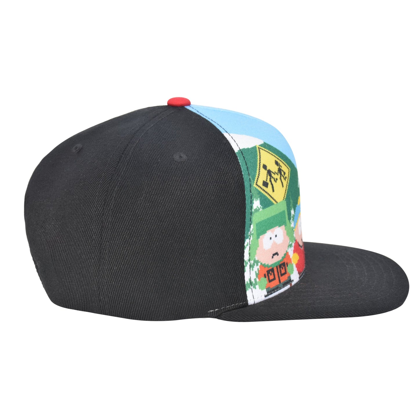 Side profile of the South Park snapback hat illustrating the wrap-around character scene print.