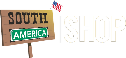 A graphic logo featuring a wooden 'SOUTH AMERICA' sign with a small American flag on top, alongside the word 'SHOP' in large white outlined letters on a black background.