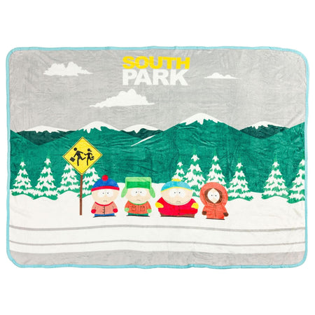 South Park fleece throw blanket featuring Cartman, Kyle, Stan, and Kenny at the bus stop