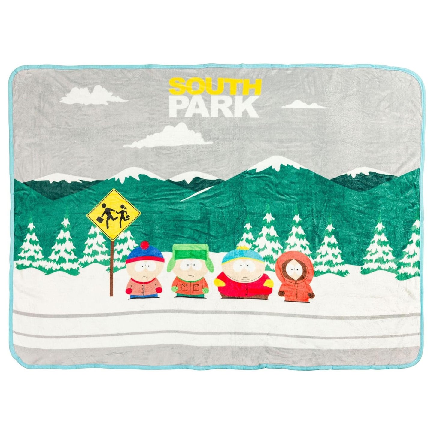 South Park fleece throw blanket featuring Cartman, Kyle, Stan, and Kenny at the bus stop