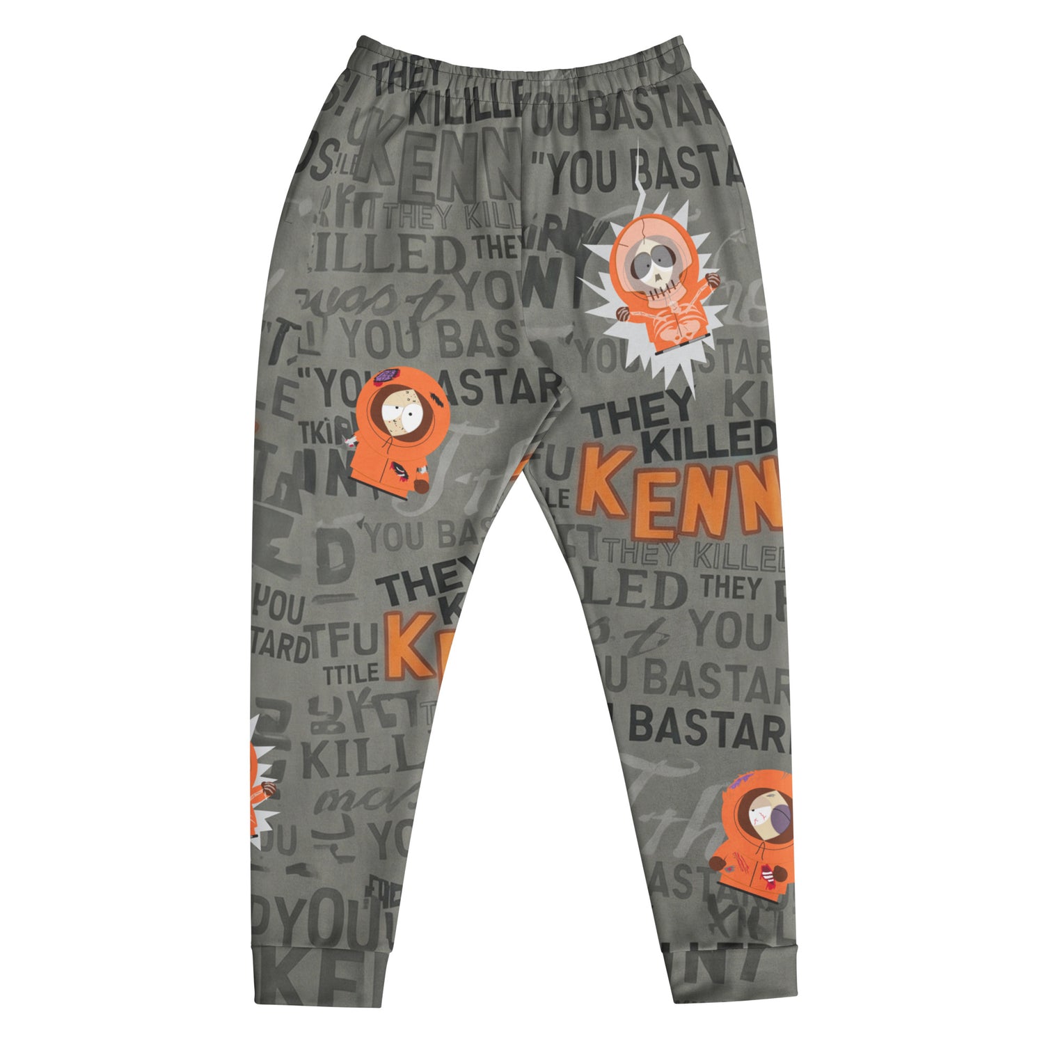 Close-up shot of the Dead Kenny graphic on the slim-fit joggers.