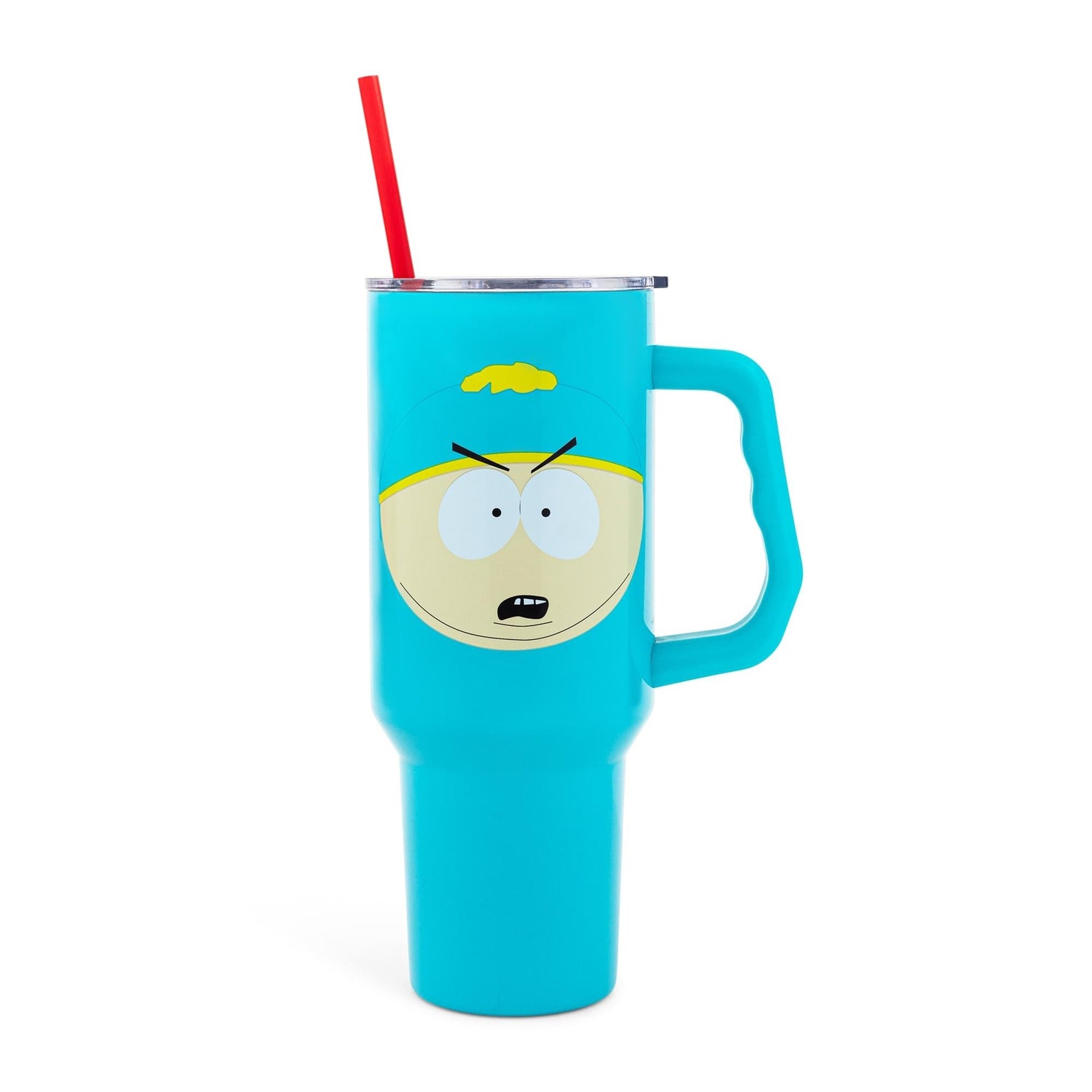South Park 40-ounce stainless steel tumbler featuring the face of Eric Cartman with a blue finish and handle.