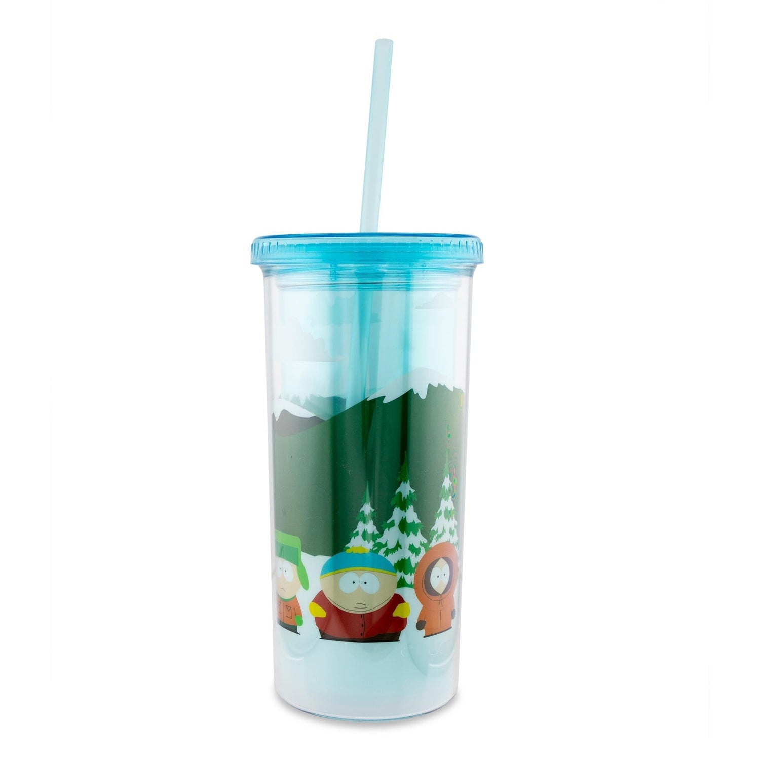South Park Bus Stop Carnival Cup showing Stan, Kyle, Cartman, and Kenny waiting in the snow with lid and straw