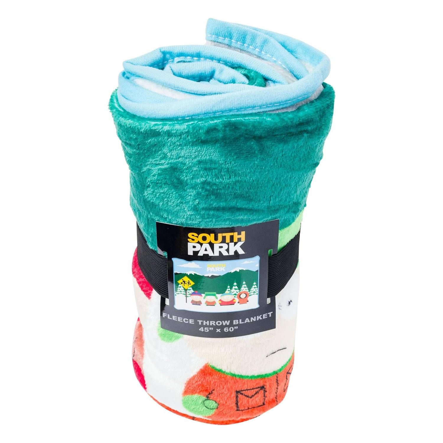 Folded South Park Bus Stop fleece blanket showing colourful character graphics