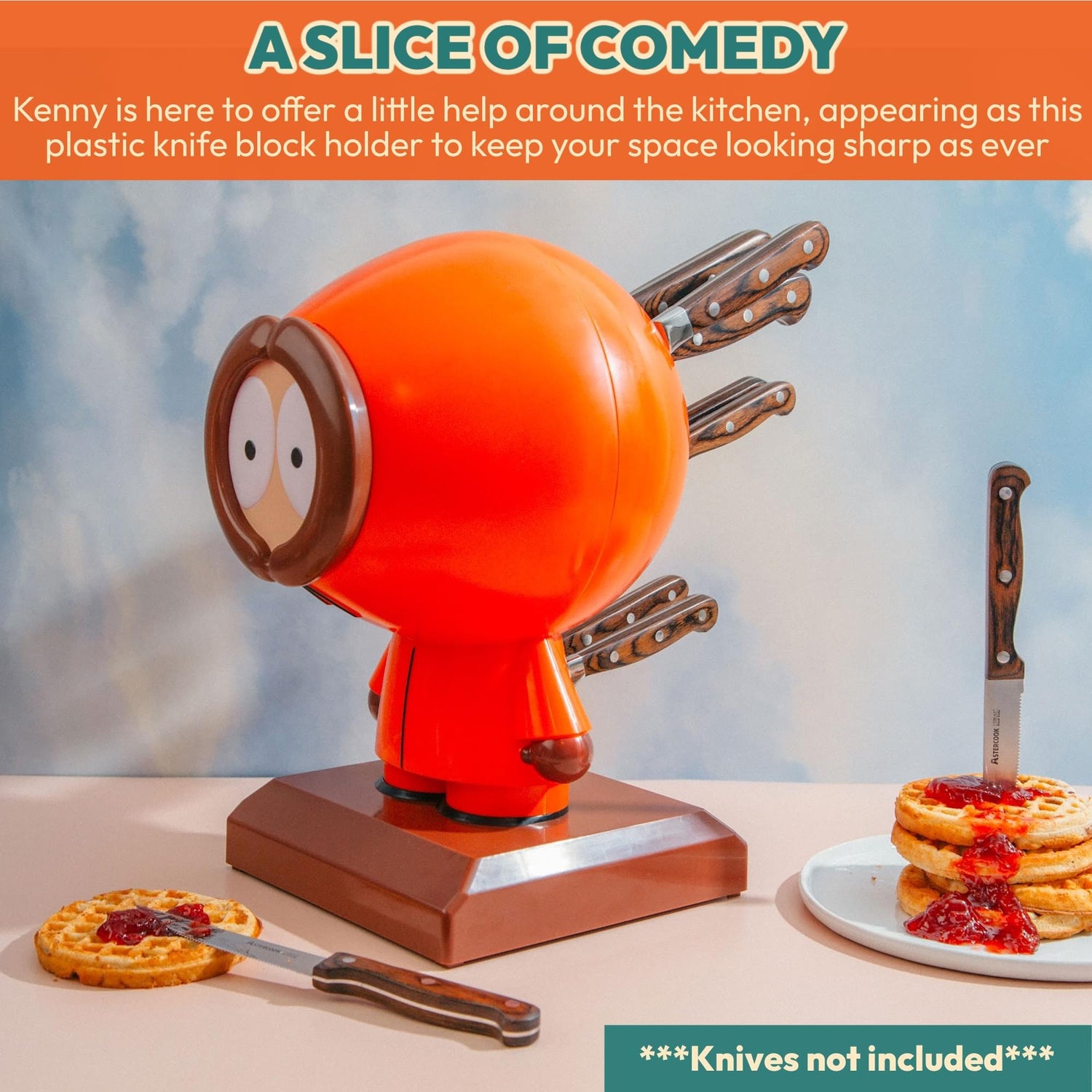 Back view of the Kenny character knife block display for countertop organization