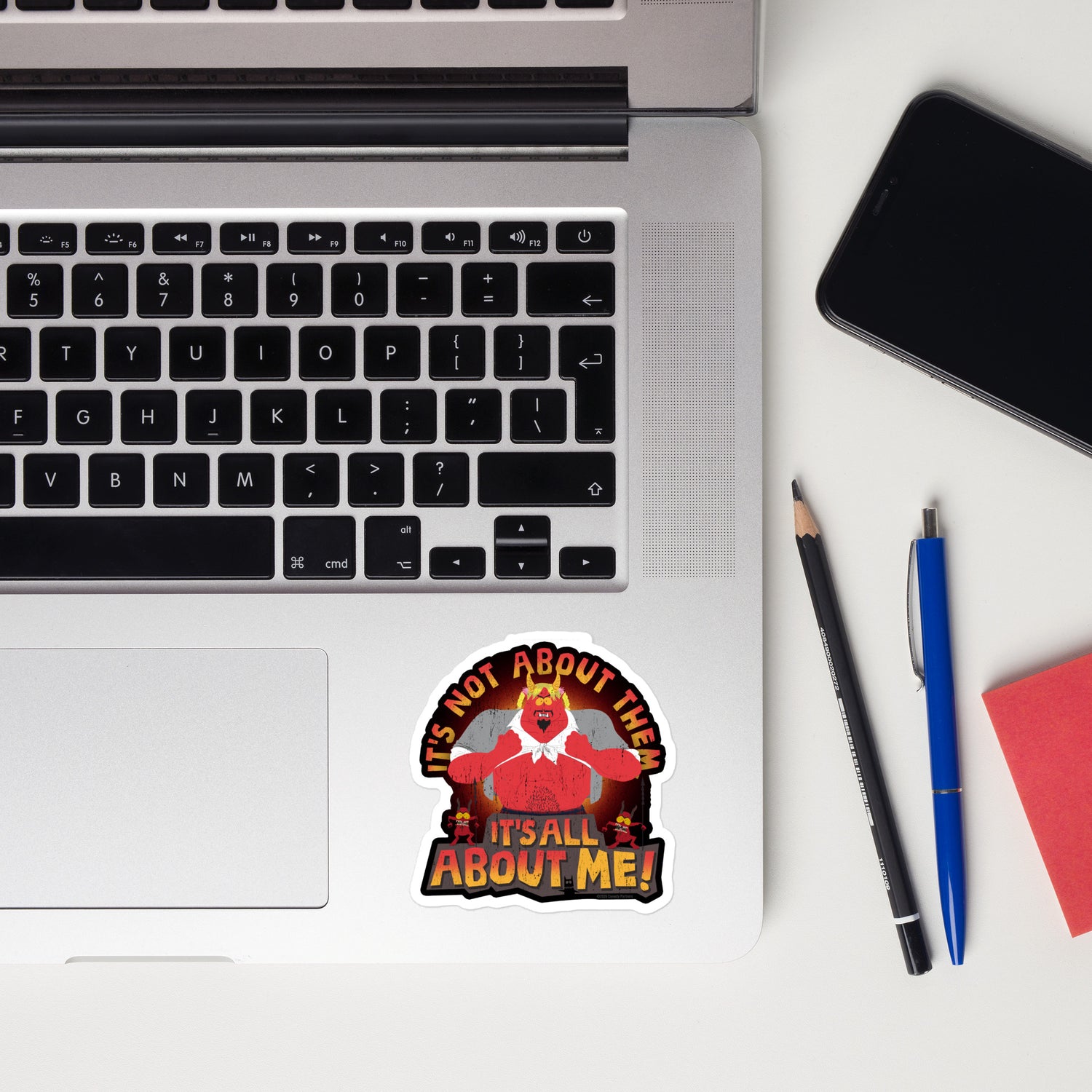 Close up shot of the South Park Satan sticker showing the high gloss vinyl finish and crisp print details