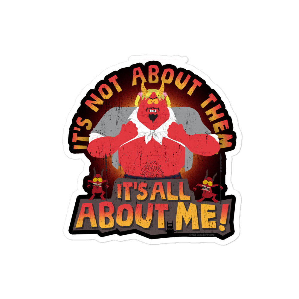 The South Park Satan sticker applied to the front of a black laptop, showing scale and placement