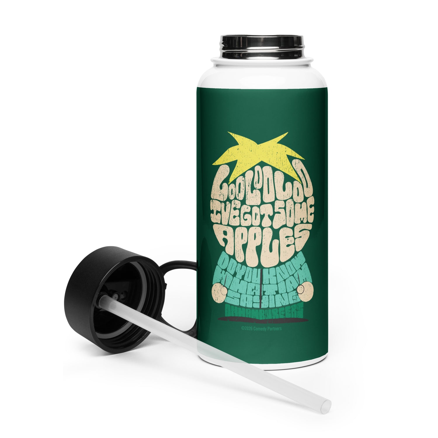 Front angle view of the official South Park water bottle for fans