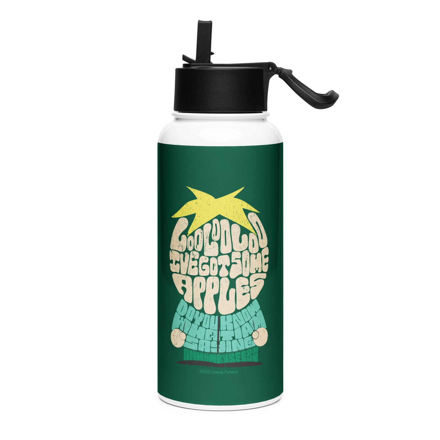 South Park stainless steel water bottle featuring Butters and quote graphic against a metallic background