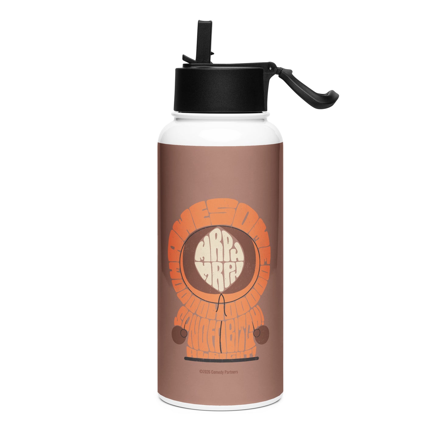 South Park stainless steel water bottle featuring Kenny McCormick graphic and quote against a solid background