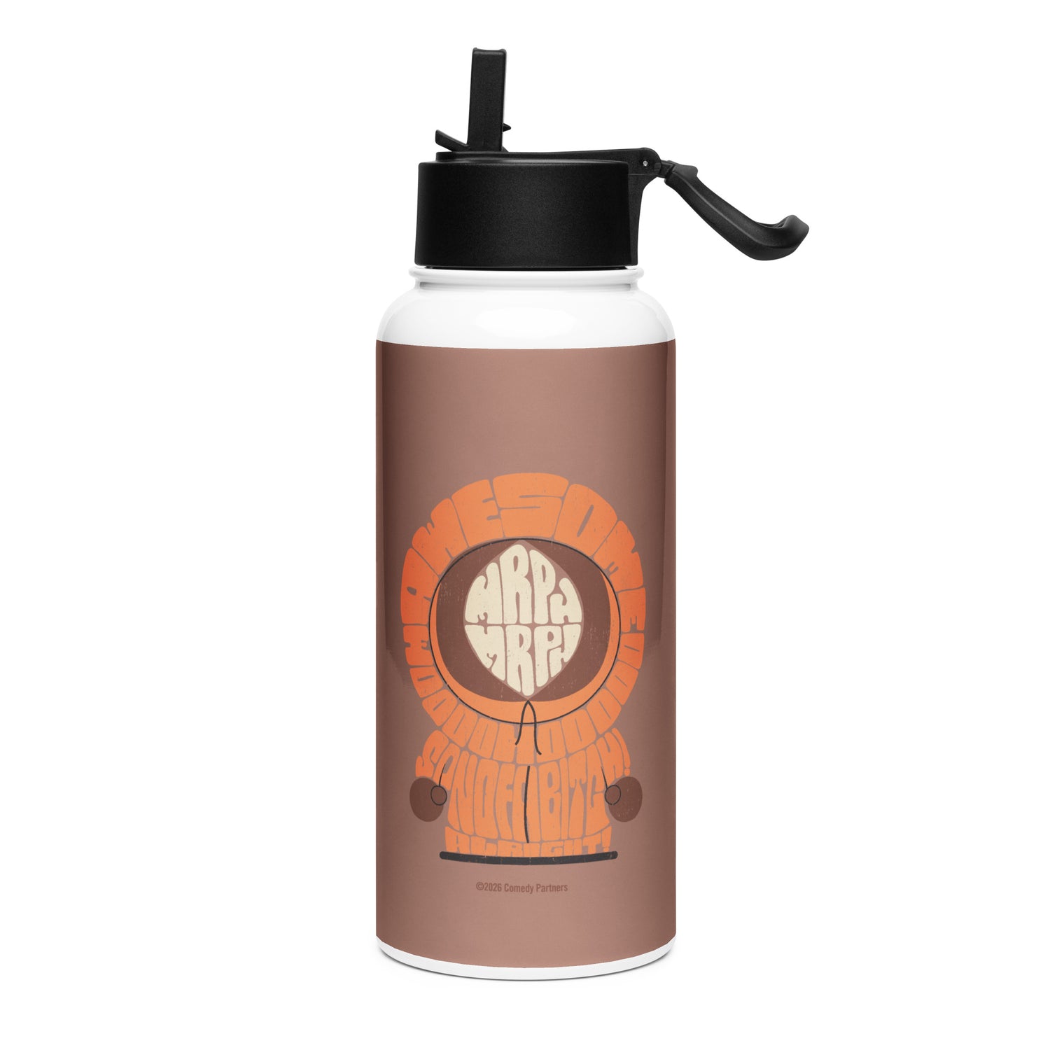 South Park stainless steel water bottle featuring Kenny McCormick graphic and quote against a solid background